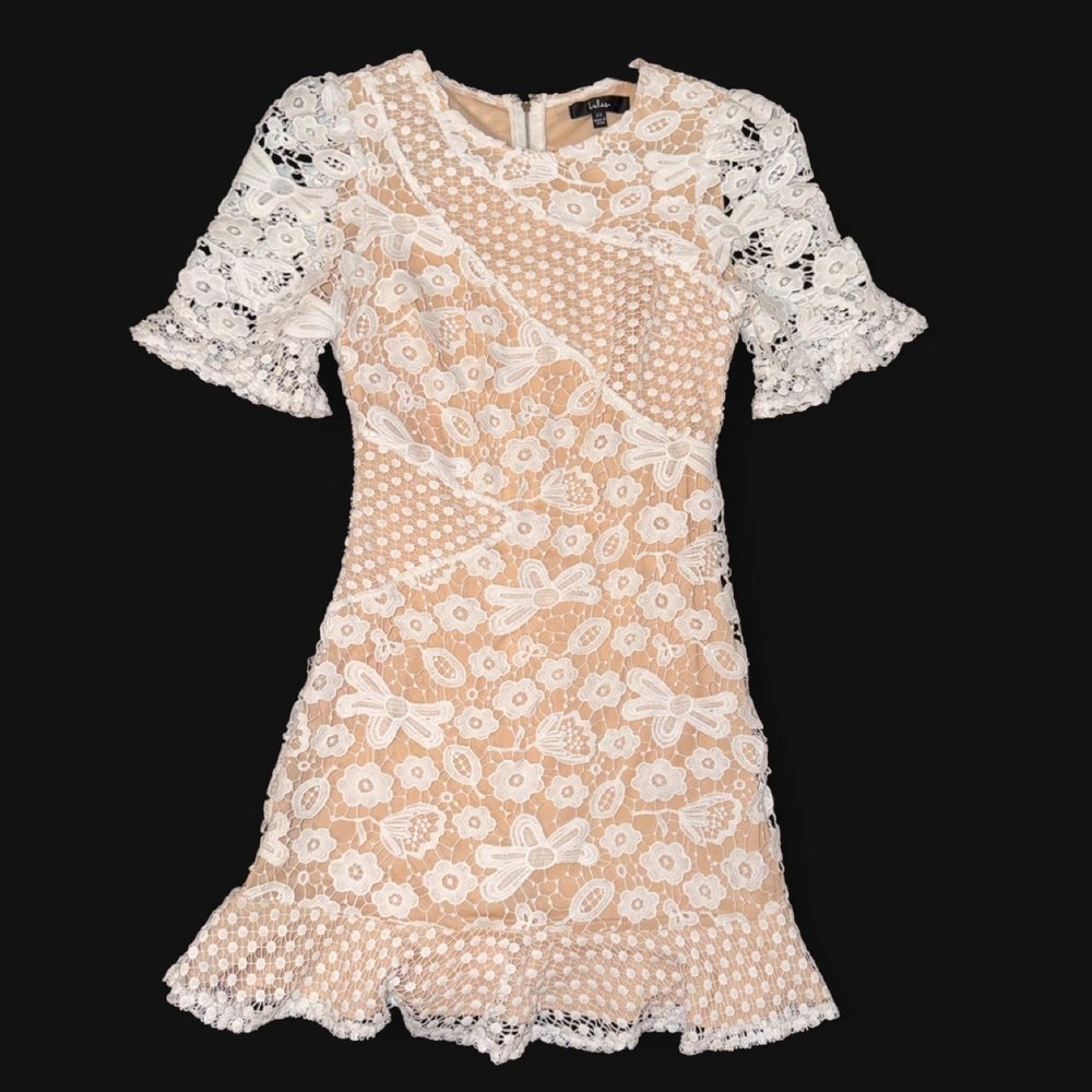 Lulus White Lace Nude Lined Ruffle Mini Dress Size XS